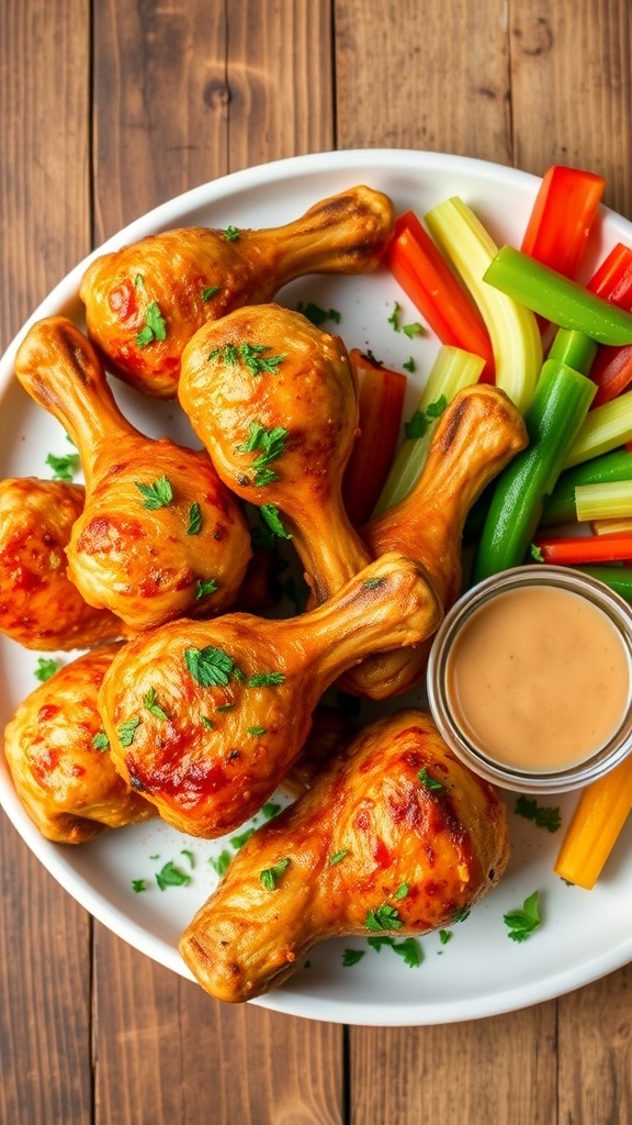 Kid-Friendly Baked Chicken Drumsticks Baked chicken drumsticks on a plate with herbs and dipping sauce, served with vegetables.